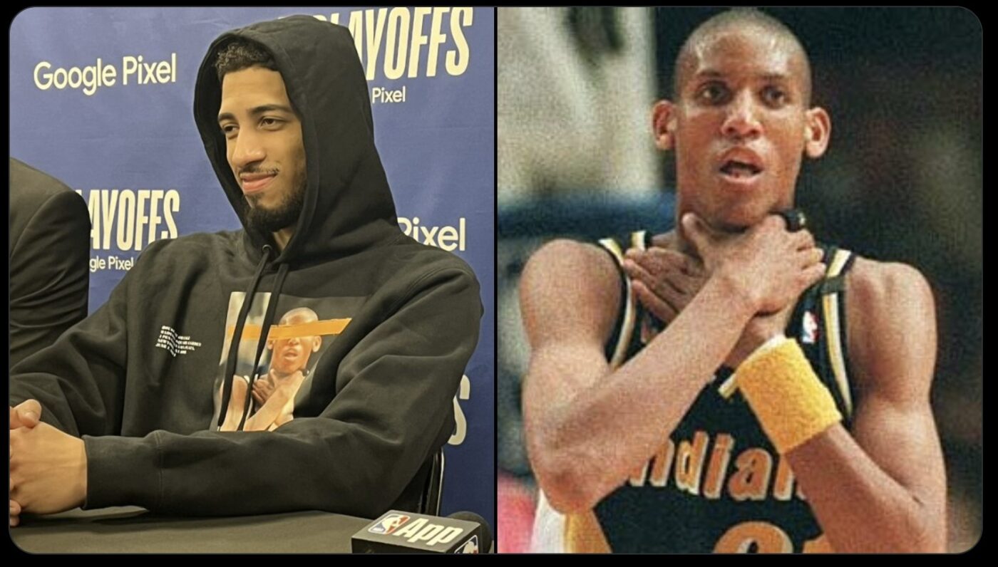 He wore a hoodie with Reggie Miller on it with the choke sign at his presser following the Pacers' Game 7 win vs. the Knicks.