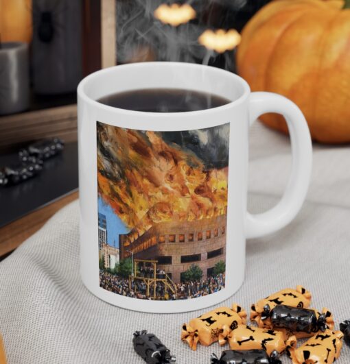 The Federal Reserve Bank in Flames Los Angeles Branch Mugs