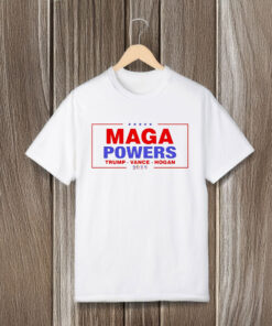 Hulk Hogan wearing Maga Powers Trump Vance Hogan T-shirts